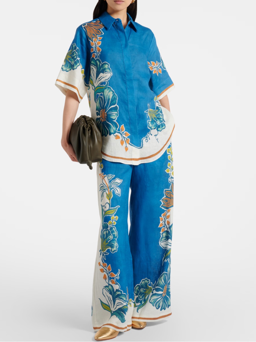 Alemais Linen Palazzo Pants And Short-Sleeve Shirt With Floral Print. Set